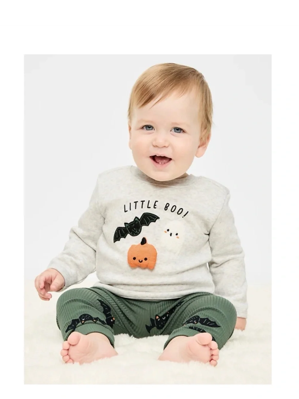 Old Navy Baby Halloween 'Little Boo' Gray Top with Orange Pumpkin and Black Bat
